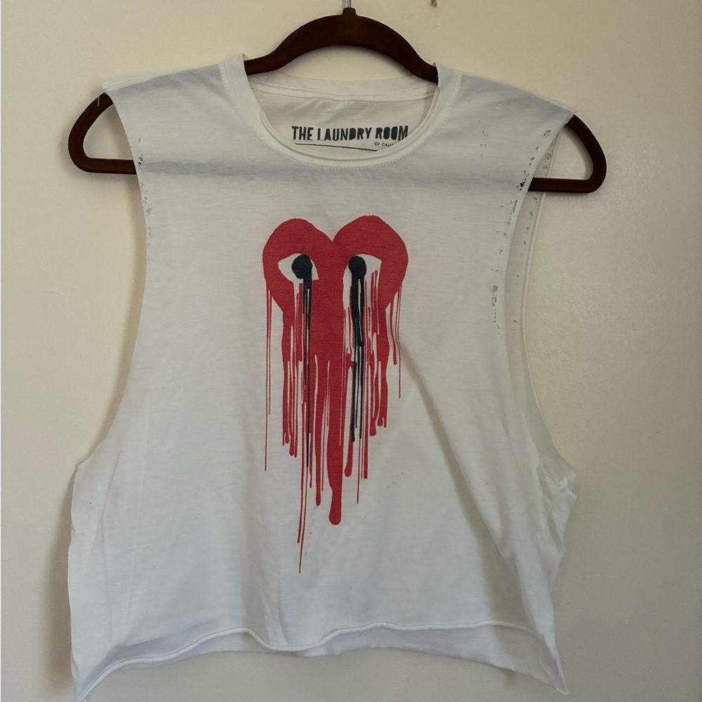 The Laundry Room White Distressed Muscle Tee with Dripping Red Heart